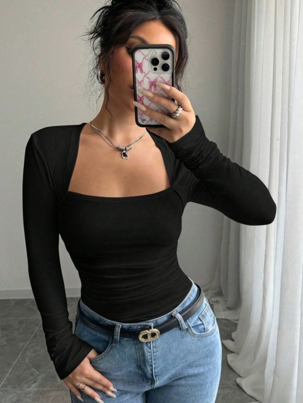 Black Square Neck Long Sleeve Slim Fitted Ruched Tee Shirt